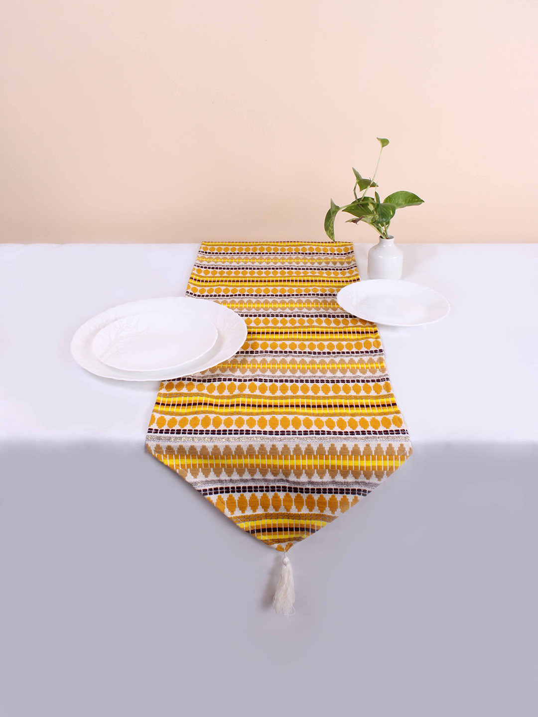 STITCHNEST Yellow Woven Striped Table Runner