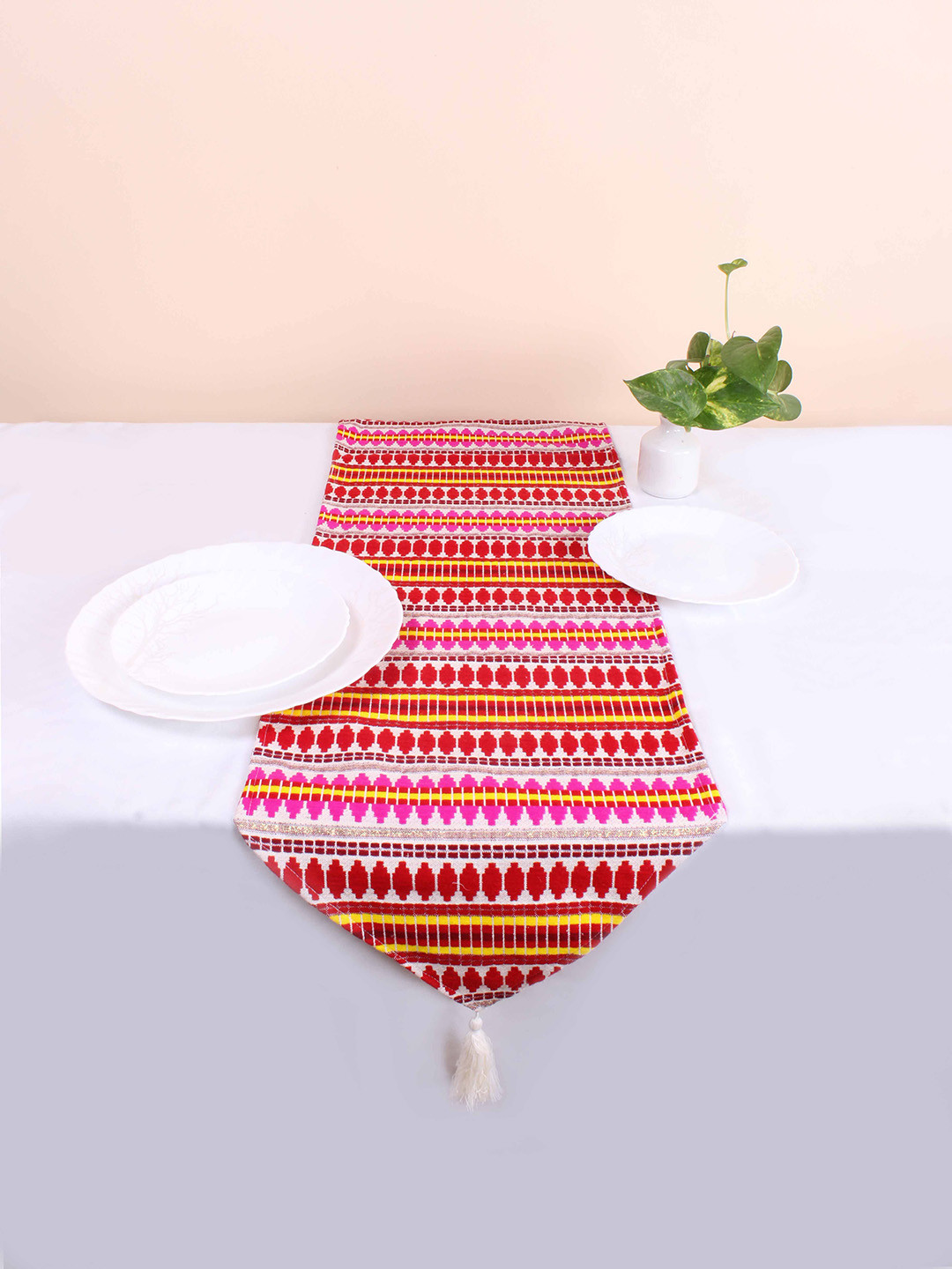 STITCHNEST Red & Pink Woven Striped Table Runner