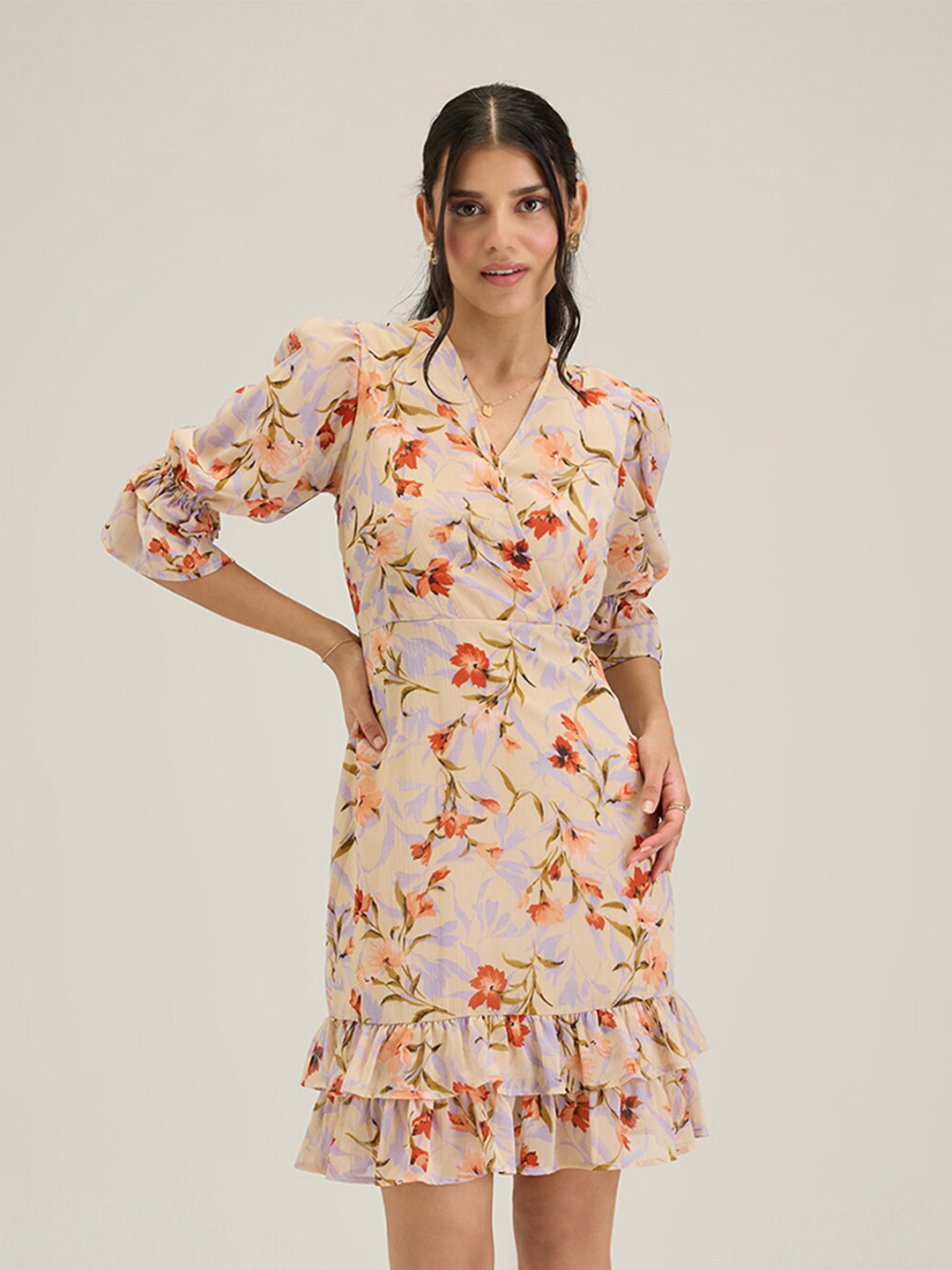 20Dresses Yellow Floral Printed V Neck Ruffle Chiffon A-Line Dress