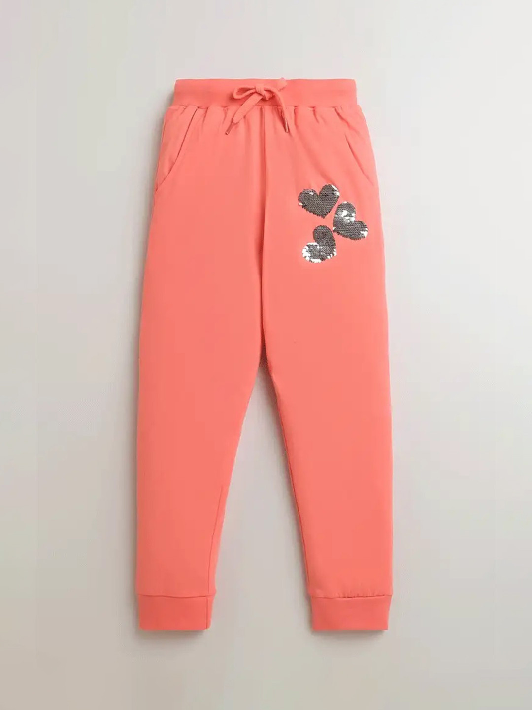 KiddoPanti Girls Heart Printed Mid-Rise Pure Cotton Joggers