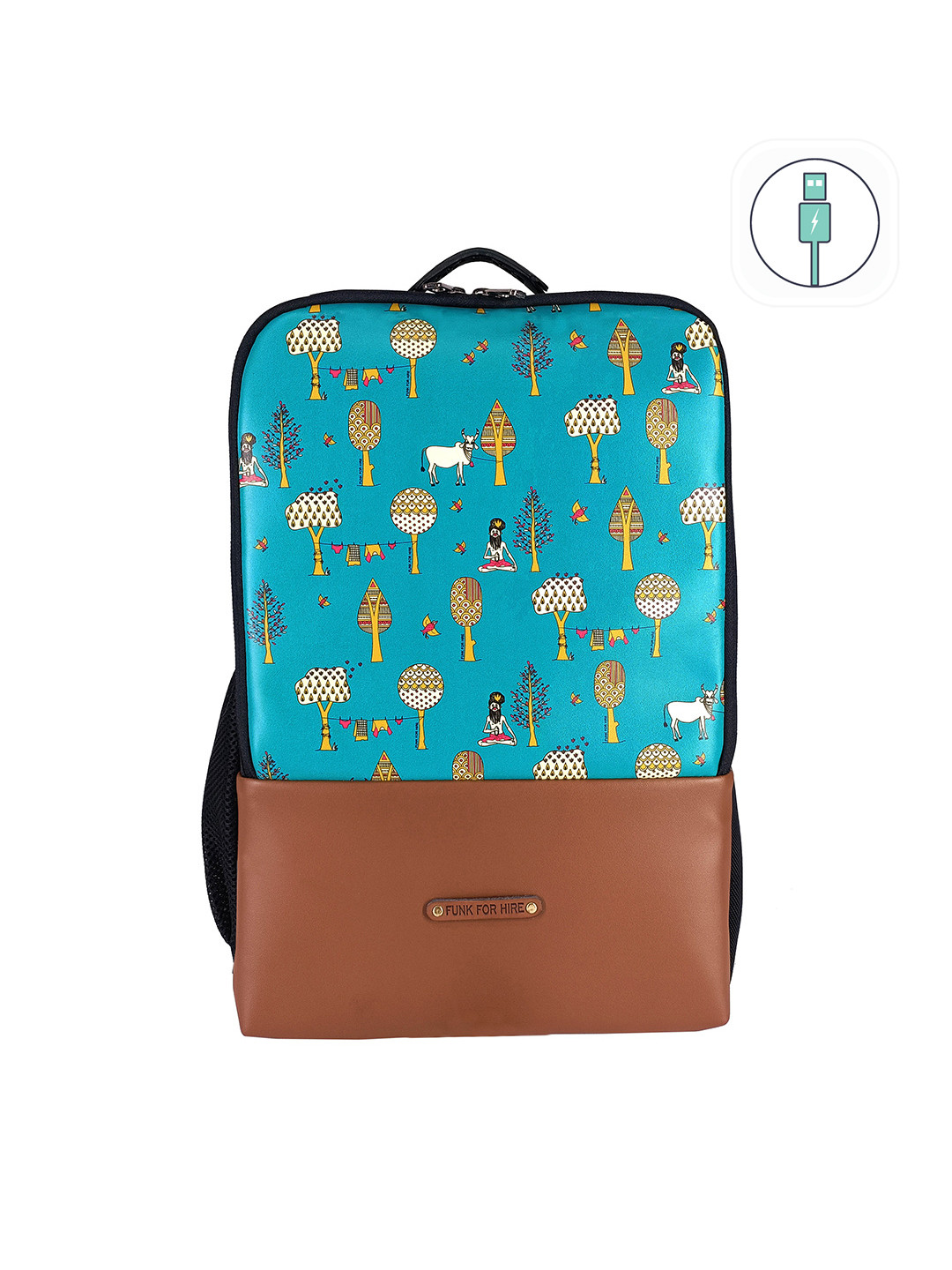 Funk For Hire Unisex Teal & Brown Graphic Backpack with USB Charging Port