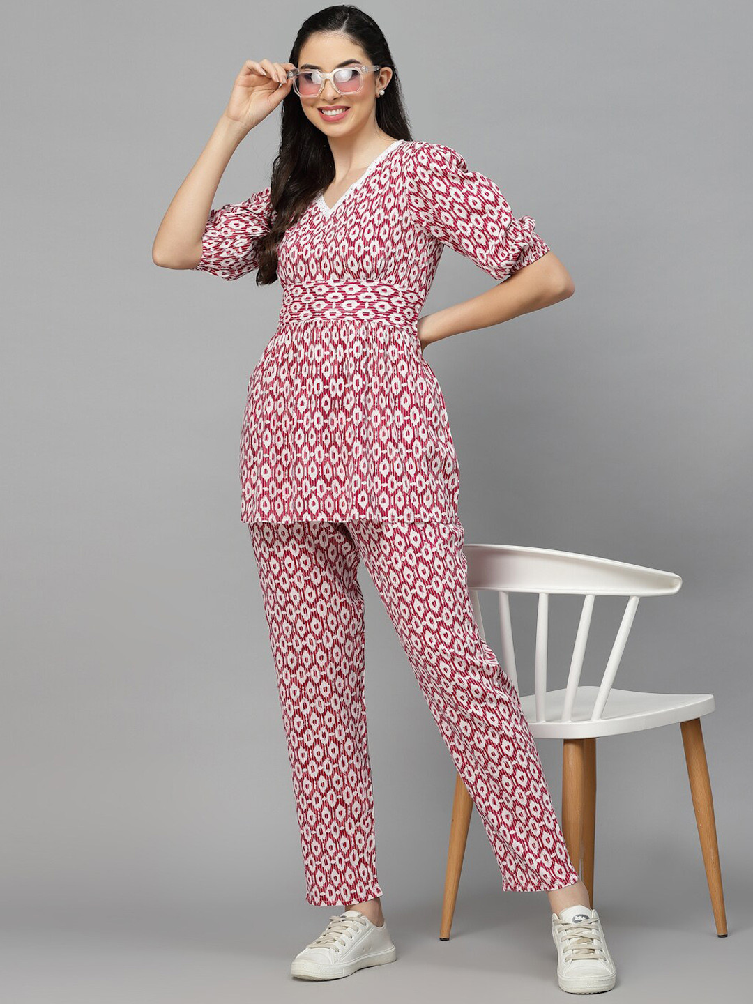 Stylum Purple Printed Peplum Top & Palazzo Co-Ord set