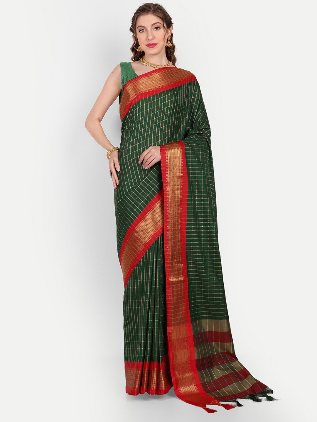 Paramparik Textile Checked Woven Design Zari Silk Blend Ikat Saree