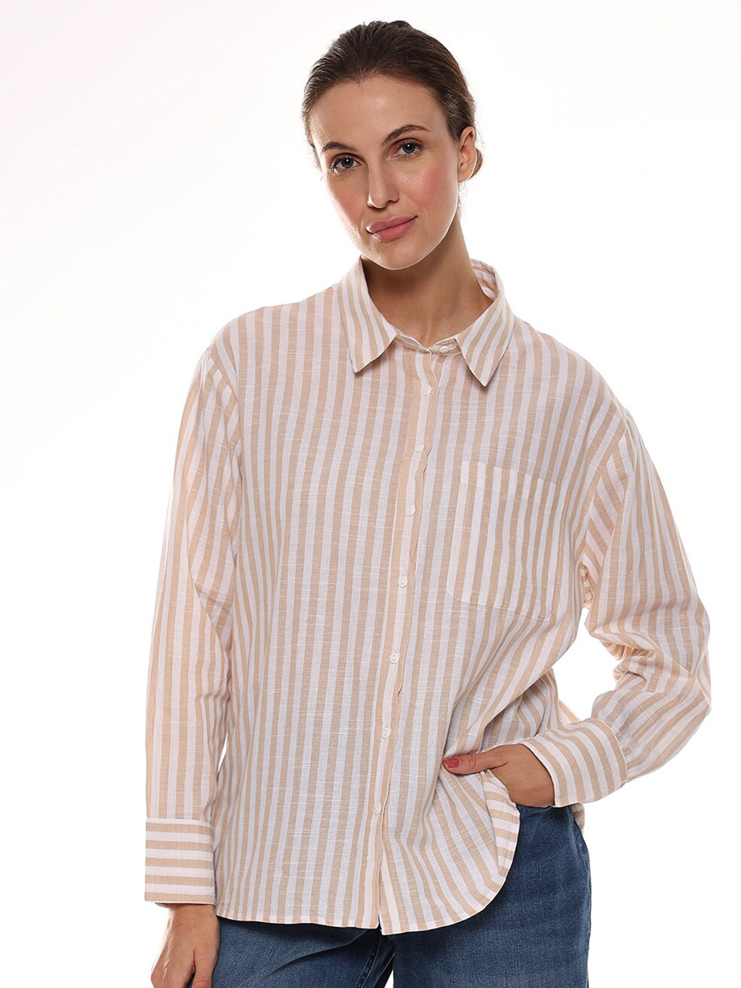 Gazillion Contemporary Striped Spread Collar Pure Cotton Casual Oversized Shirt