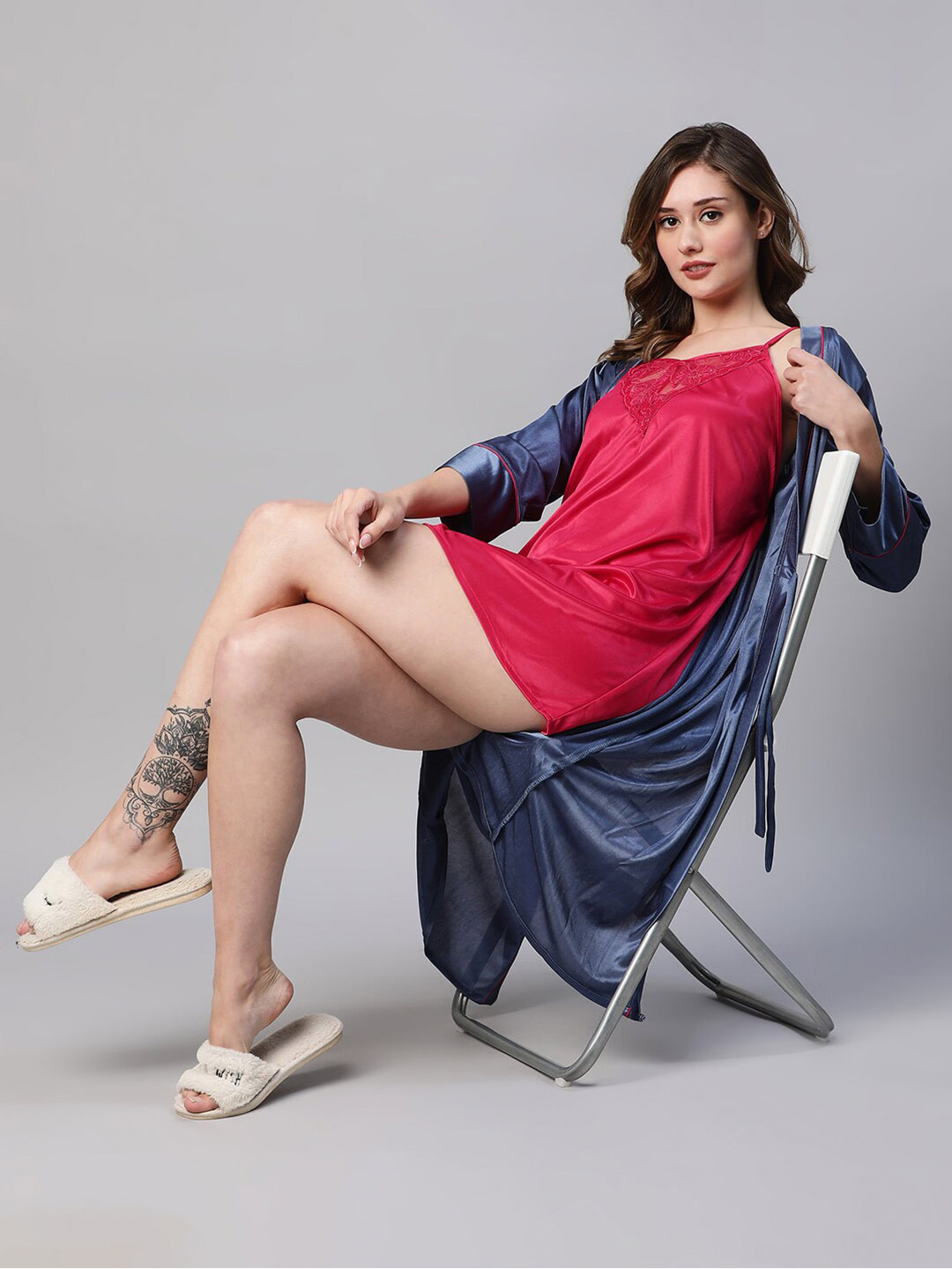 AV2 Self Design Satin Nightdress With Robe