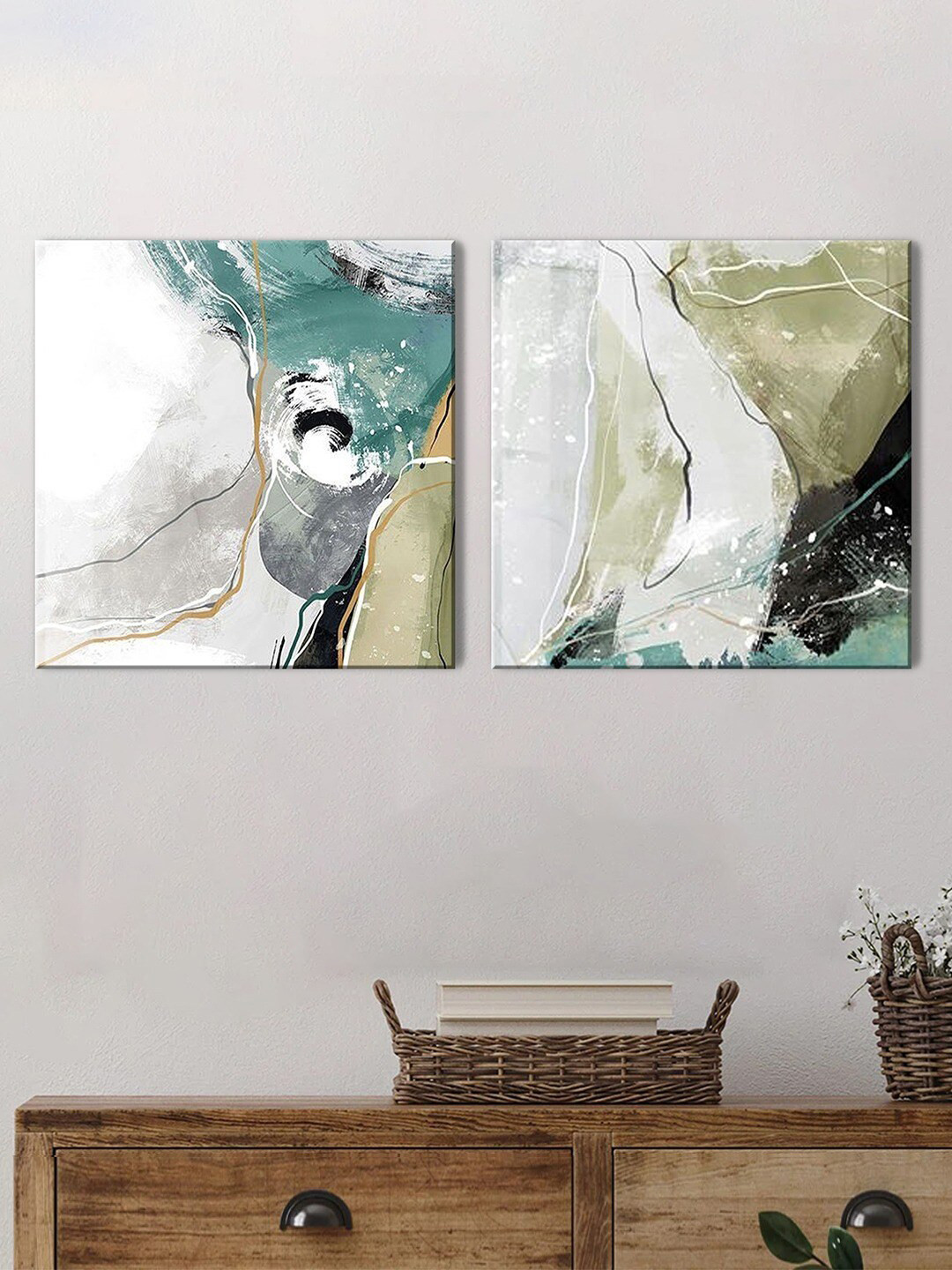 Art Street White & Green 2 Pieces Luxury Stretched Canvas Painting Wall Arts