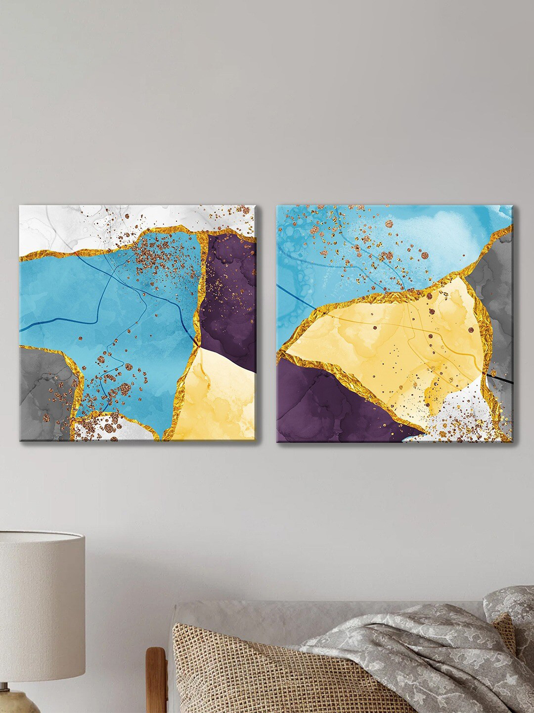 Art Street Blue & Yellow 2 Pieces Luxury Stretched Canvas Painting Wall Arts