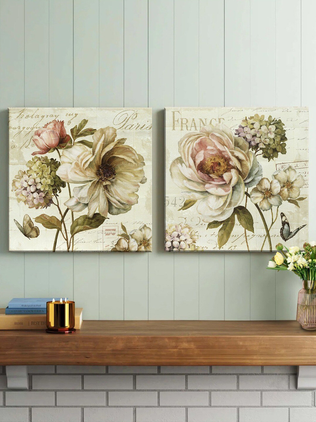 Art Street Cream & Pink 2 Pieces Luxury Stretched Canvas Painting Wall Arts
