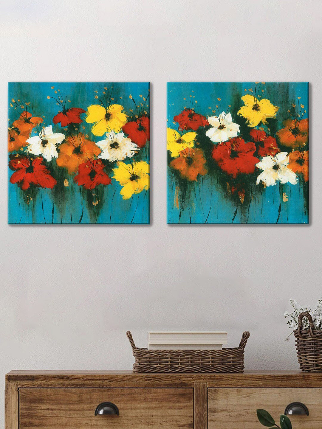 Art Street Blue & Yellow 2-Pieces Flower Printed Canvas Wall Art