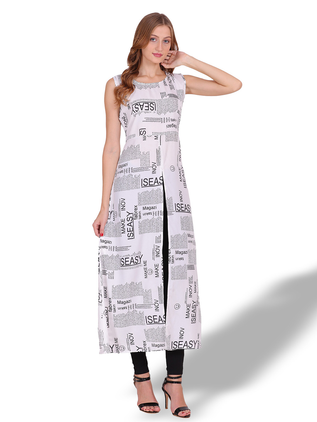 OCEANISTA Alphanumeric Printed Sleeveless A-Line Kurta