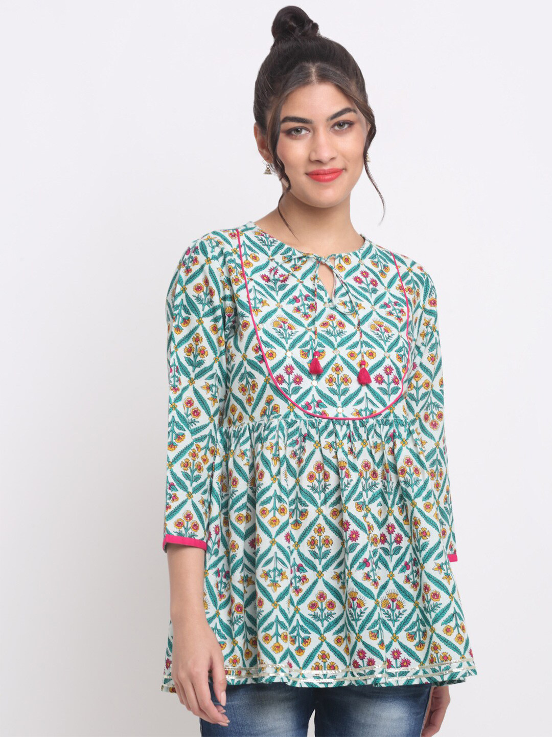 KALINI Geometric Printed Tie-Up Neck A-Line Cotton Tunic
