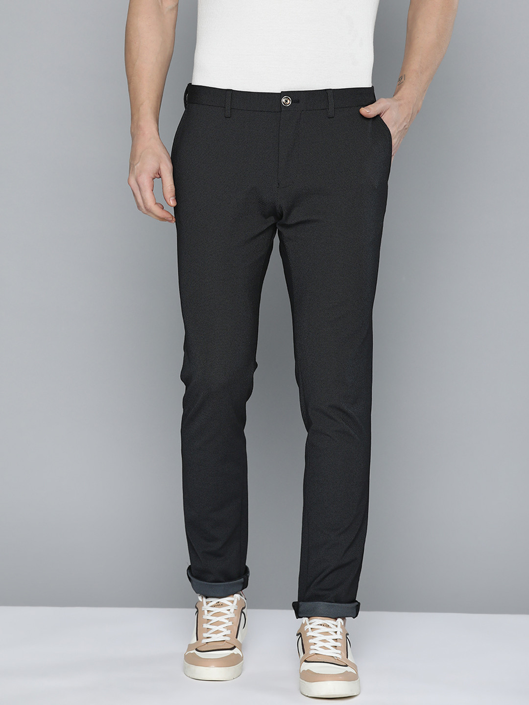 Indian Terrain Men Textured Urban Comfort Fit Wrinkle Free Tapered Fit Trousers