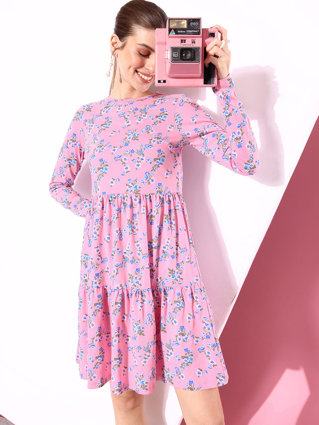 Mast & Harbour Floral Printed Long Sleeves Tiered Dress
