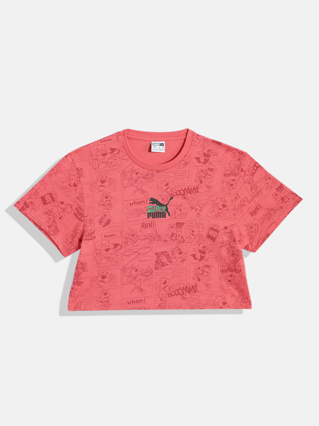 Puma Girls Super Humour & Comic Aop Youth Print Relaxed Fit Pure Cotton Crop T-shirt