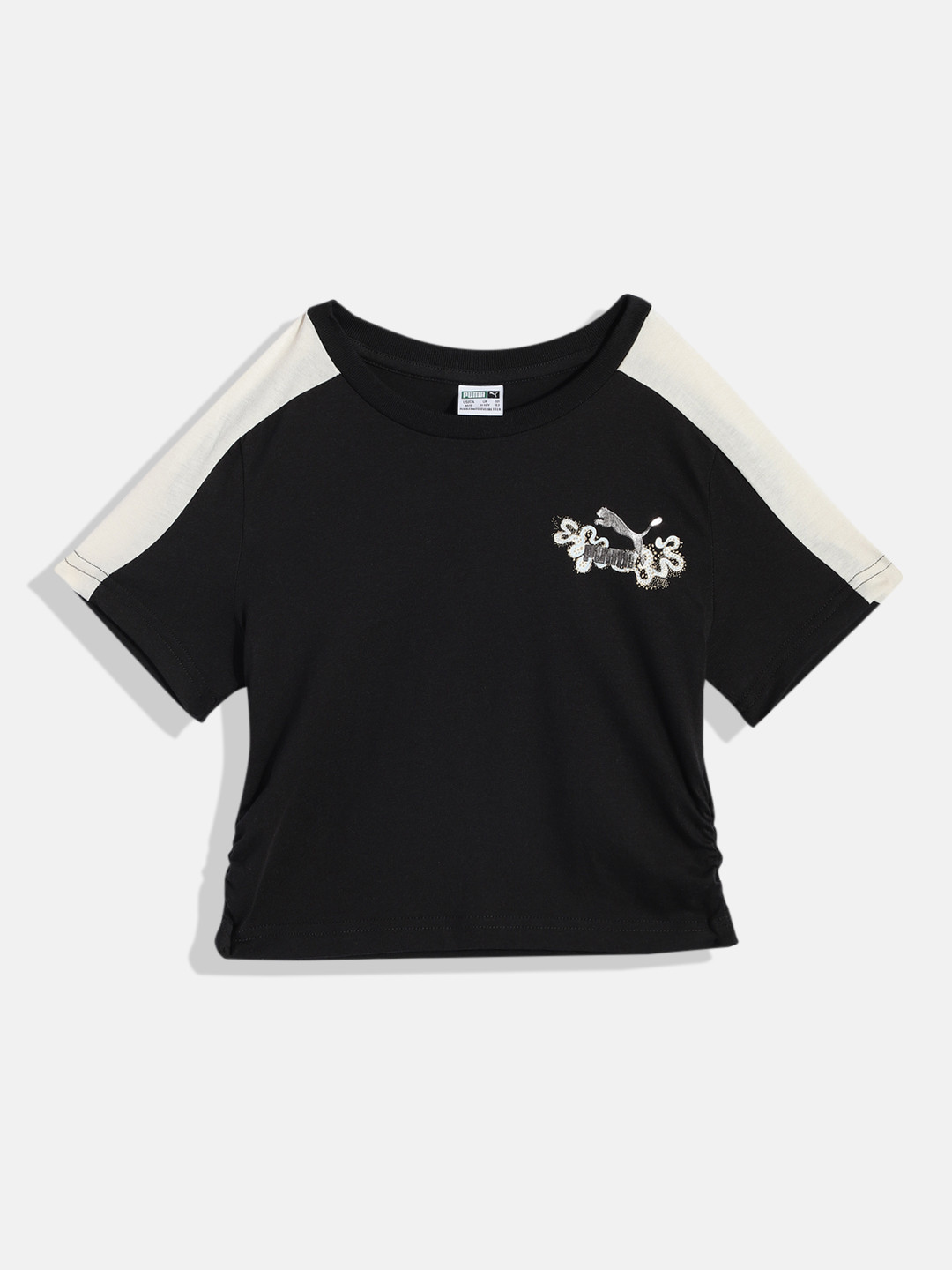 Puma Girls T7 Flower Youth Pure Cotton Relaxed Fit T-shirt With Shoulder Taping Detail