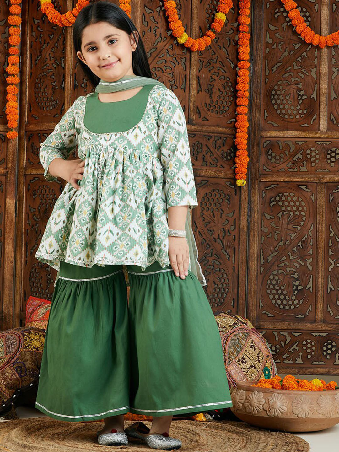 VASTRAMAY Girls Ikkat Printed Kantha Work Anarkali Pure Cotton Kurta Set