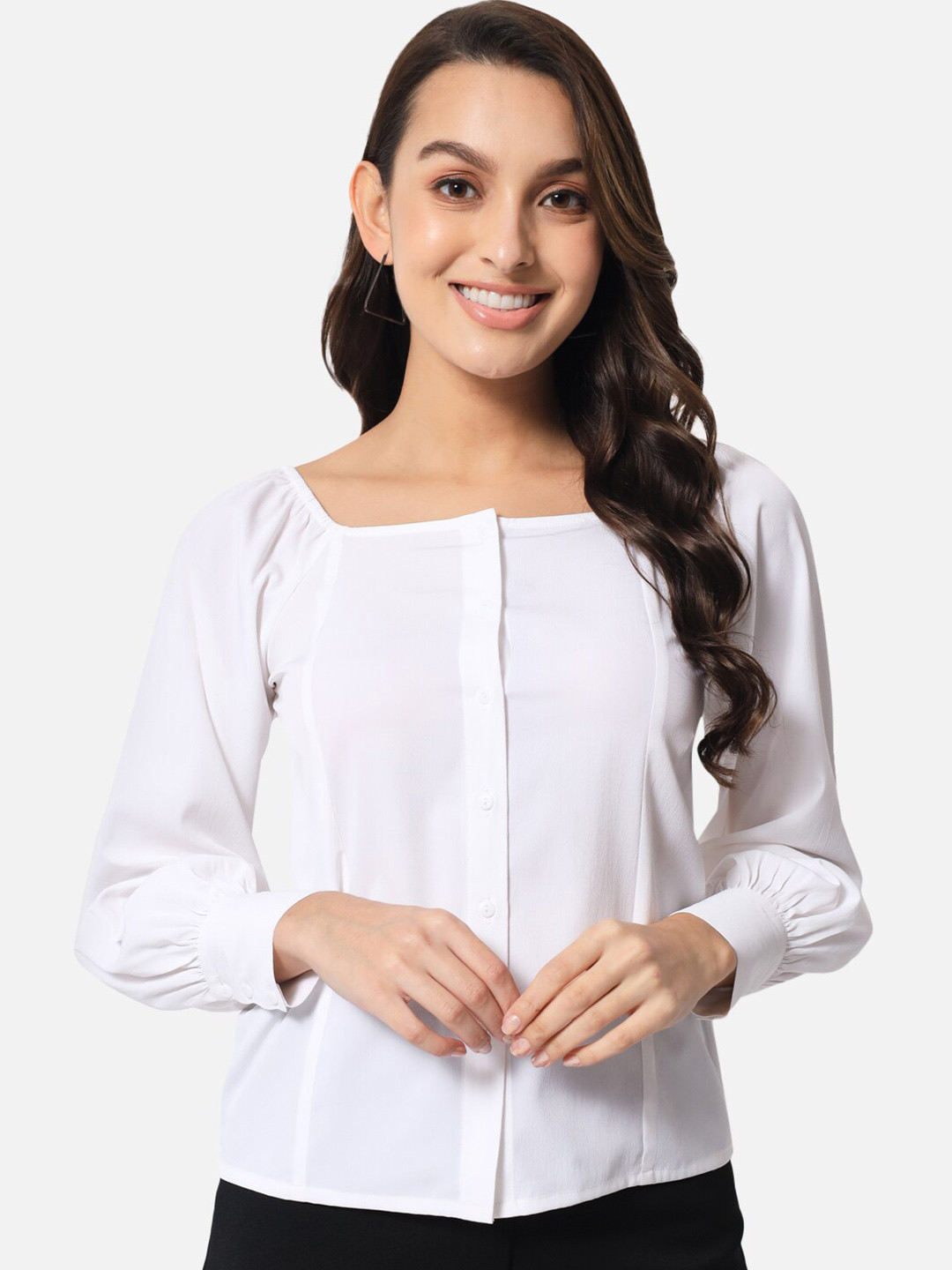 BAESD Square Neck Cuffed Sleeves Shirt Style Top