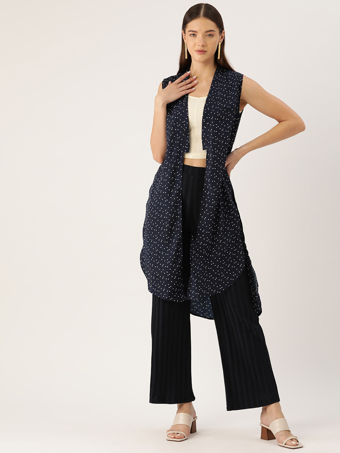 Rue Collection Women Navy Blue & White Printed Open Front Longline Shrug