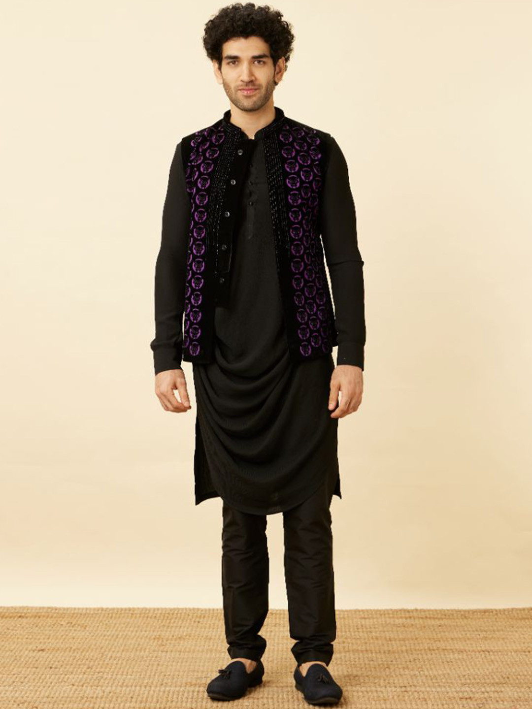 Manyavar Black Panther Mandarin Collar Velvet  Kurta With Churidar & Nehru Jacket