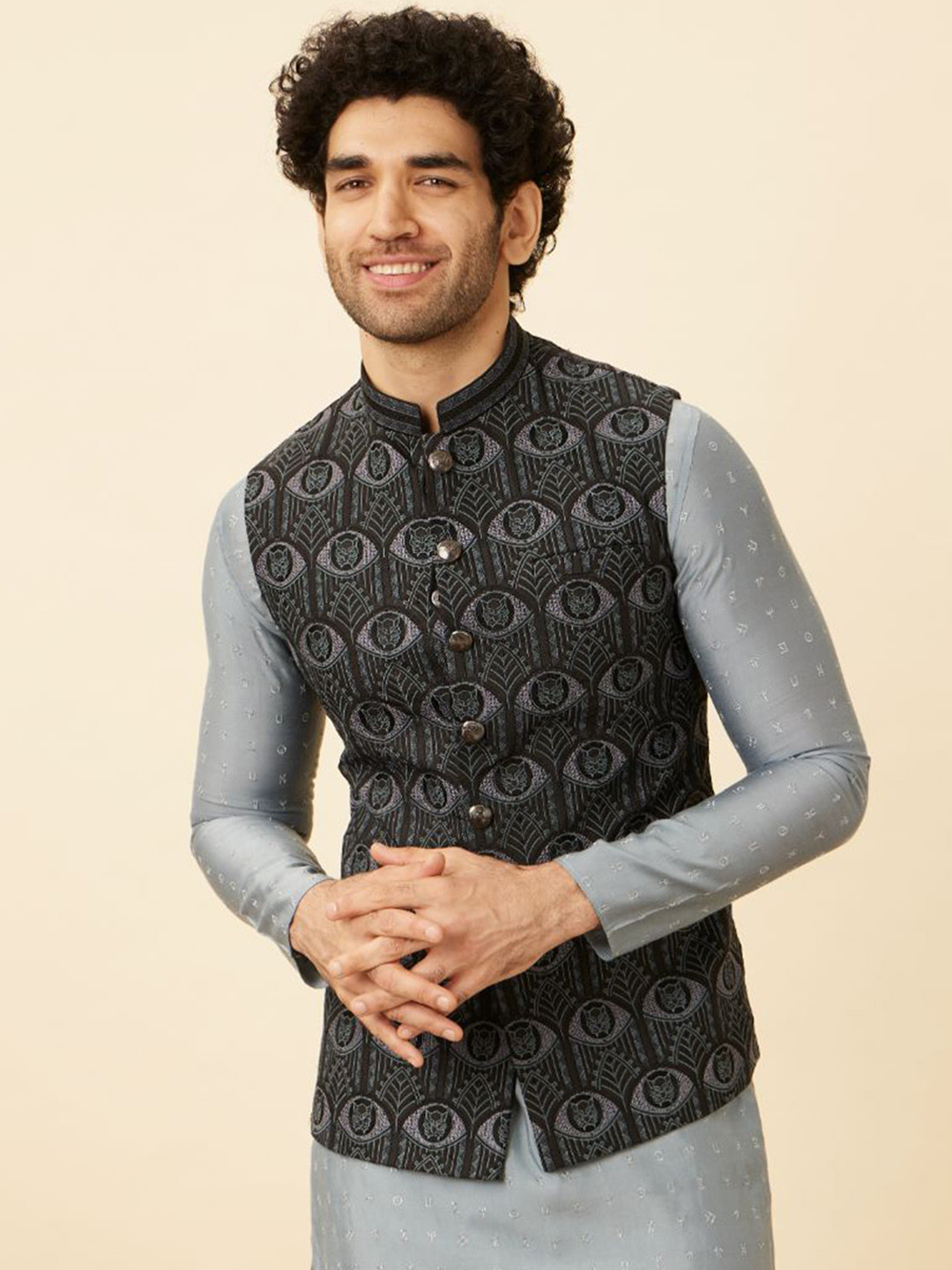 Manyavar Wakanda Embroidered Black Panther Kurta with Churidar & Nehru Jacket