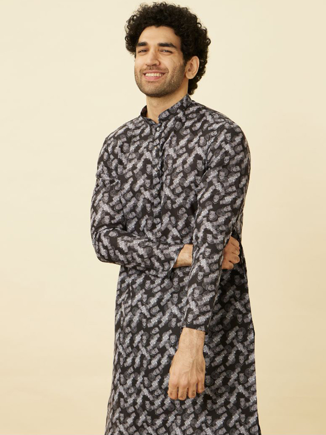 Manyavar Black Panther Printed Mandarin Collar Kurta and Churidar