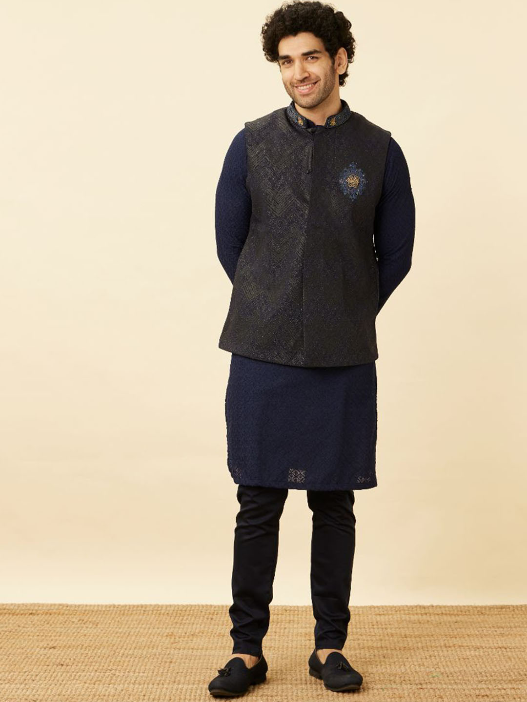 Manyavar Graphite Blue Black Panther Woven Design Nehru Jackets