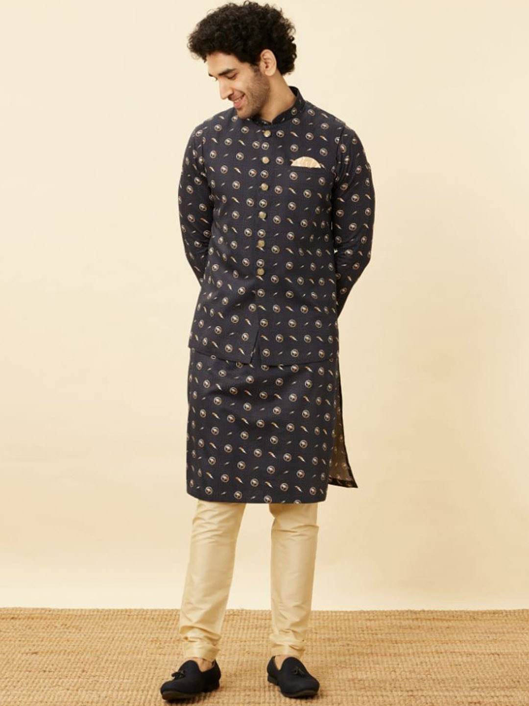 Manyavar Maritime Blue Thunderous Geometric Printed Kurta & Pyjamas with Nehru jacket