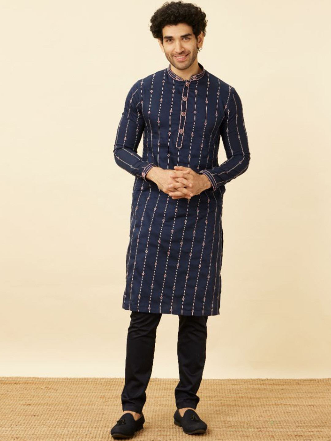 Manyavar Captain America Thread Work Detail Geometric Embroidered Kurta with Pyjamas