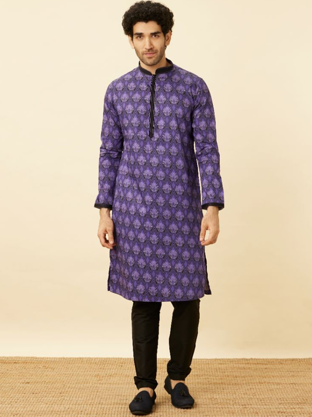 Manyavar Purple Black Panther Mandarin Collar Geometric Printed Regular Kurta with Pyjamas