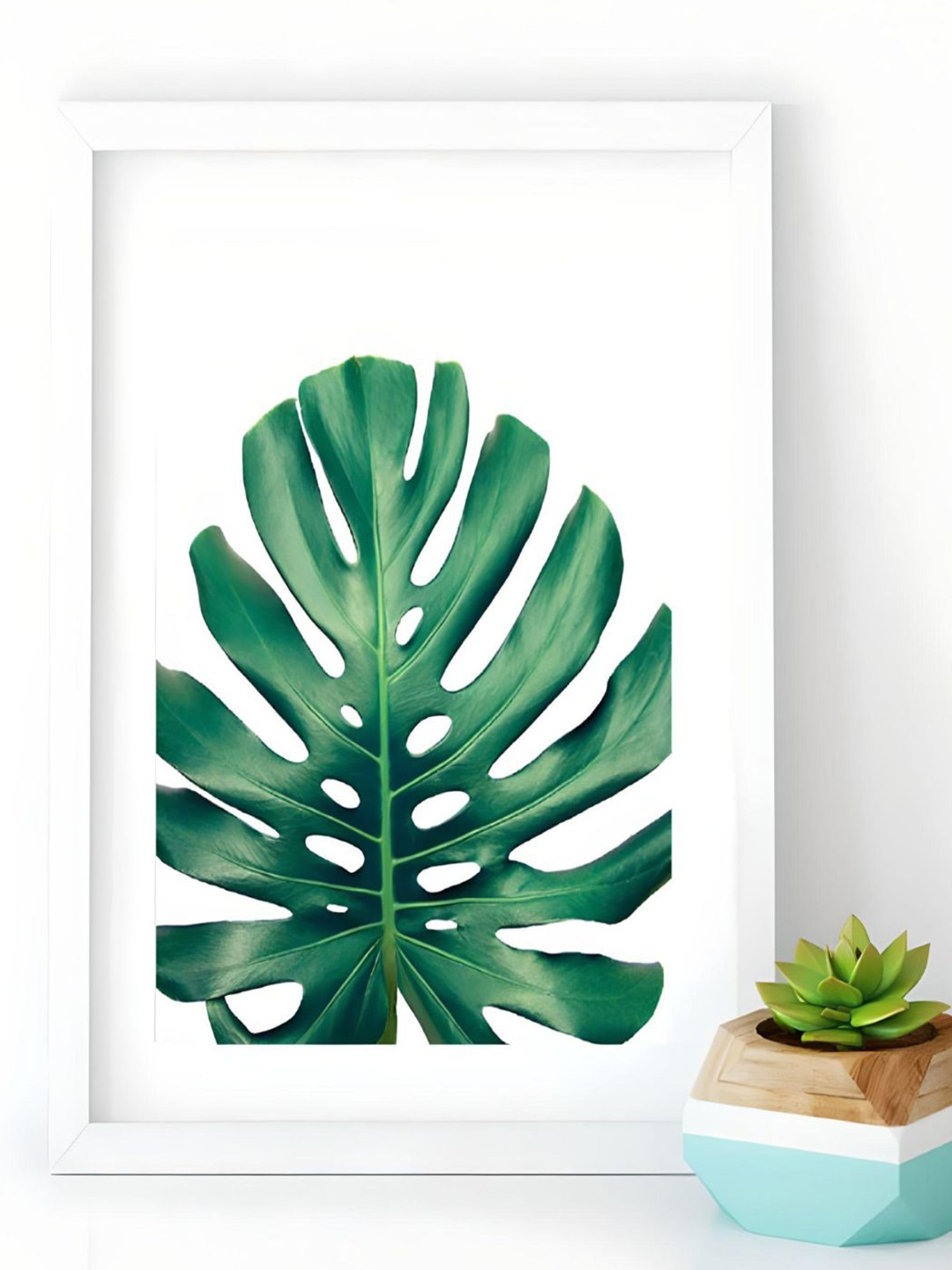 THE HANDMADE FLAIR White & Green Tropical Leaves Painting Wall Art