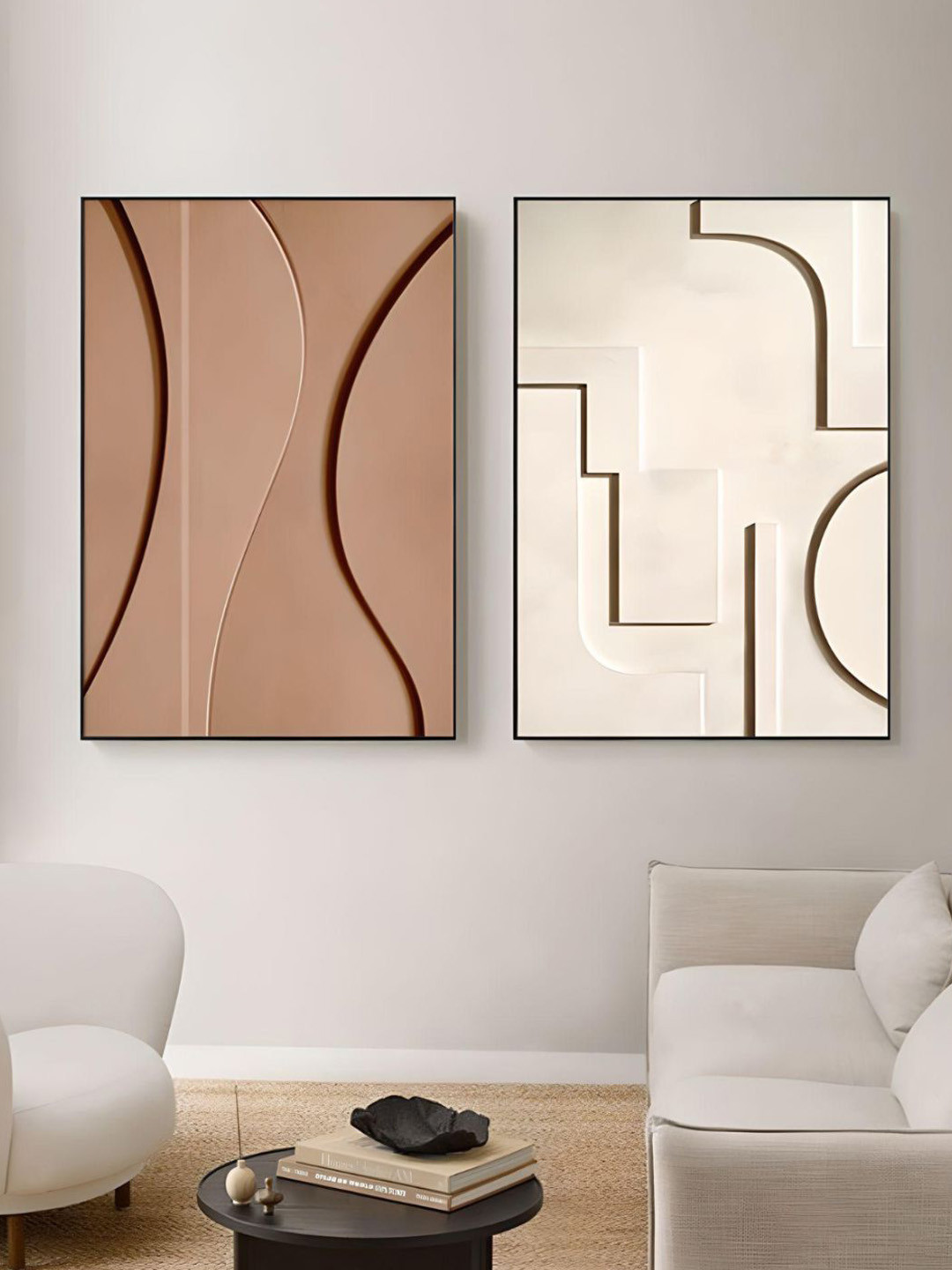 THE HANDMADE FLAIR Beige 2 Pieces Abstract Painted Framed Wall Art