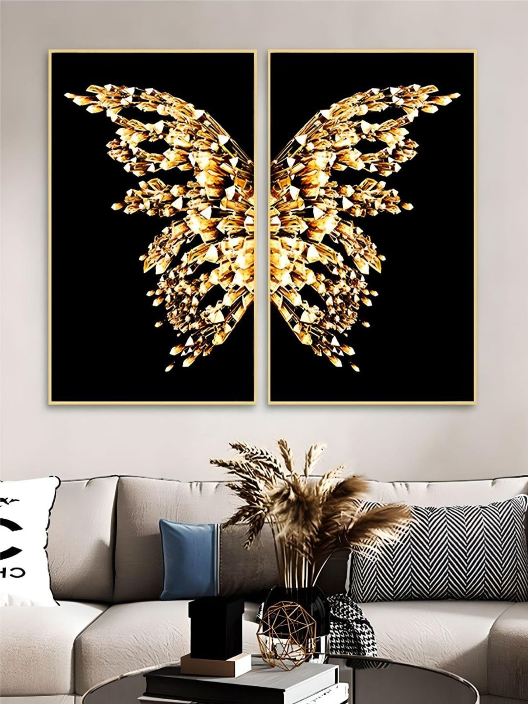 THE HANDMADE FLAIR Beige Colored & Black 2-Pieces Butterfly Printed Framed Wall Art