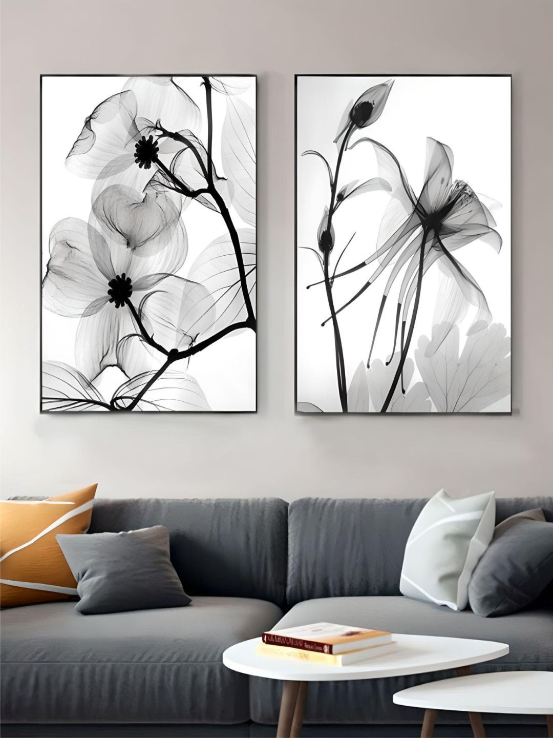THE HANDMADE FLAIR Crystal Porcelain Black & White 2-Pcs Floral Botany Painting Wall Arts