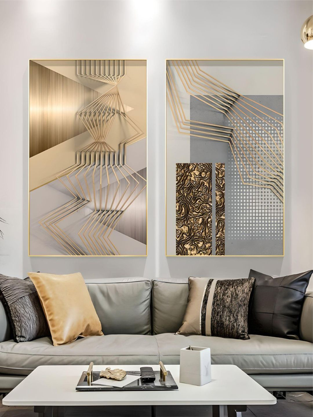 THE HANDMADE FLAIR Crystal Porcelain 2-Pcs Golden & Grey Abstract Modern Painting Wall Art