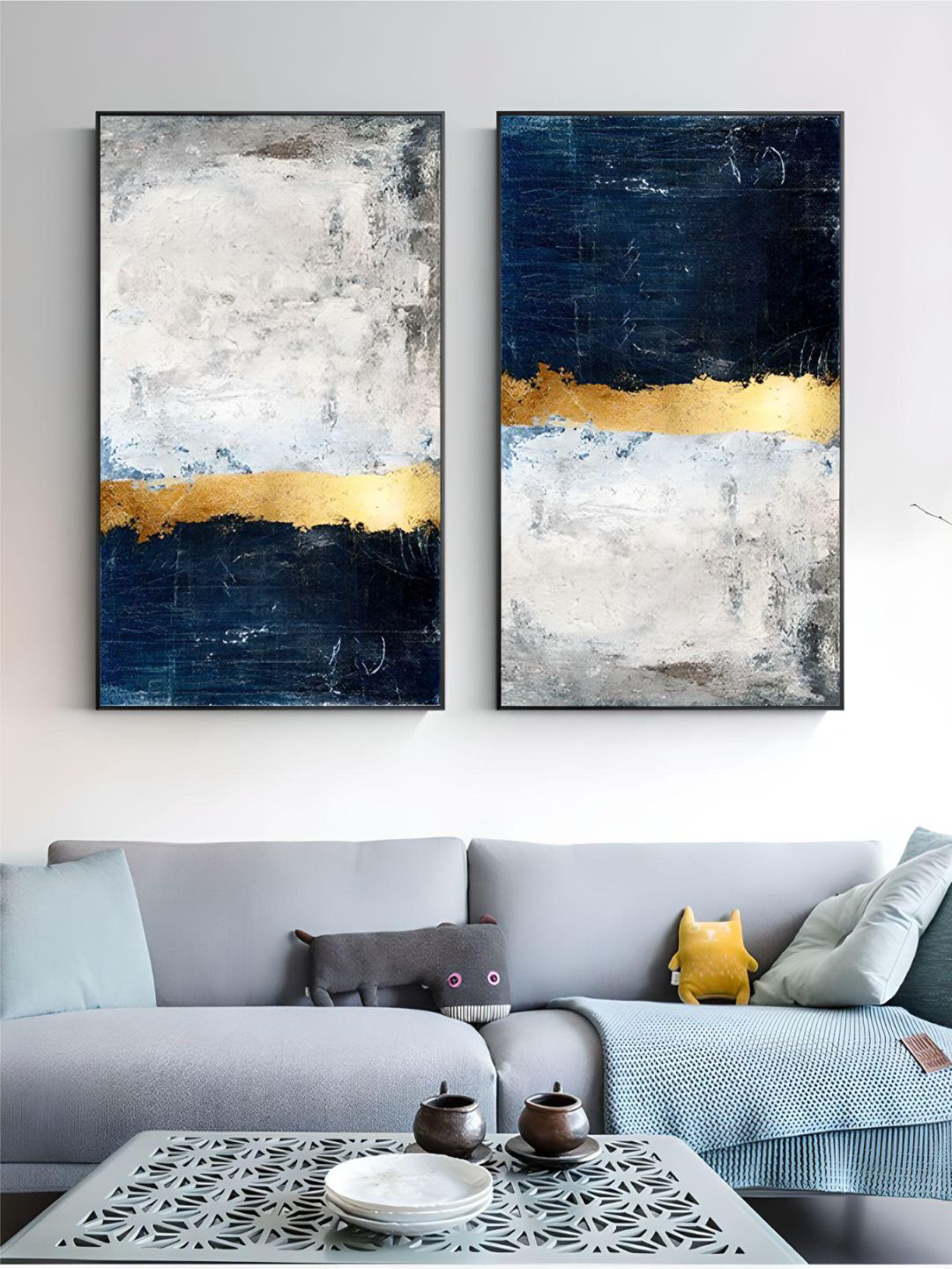 THE HANDMADE FLAIR Crystal Porcelain 2-Pcs Blue & White Modern Vintage Painting Wall Art