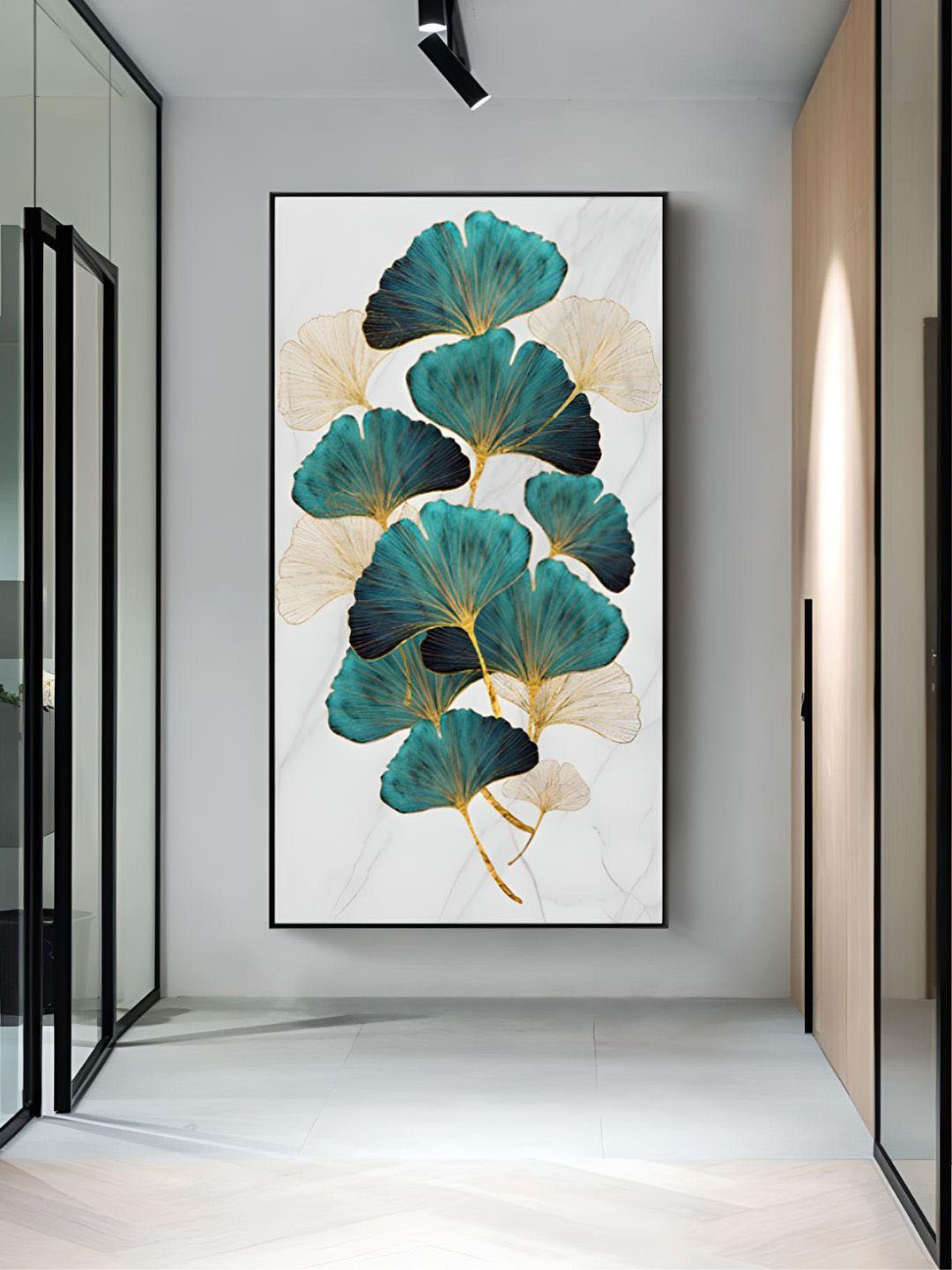THE HANDMADE FLAIR Green & White Botanical Leaves Painting Wall Art