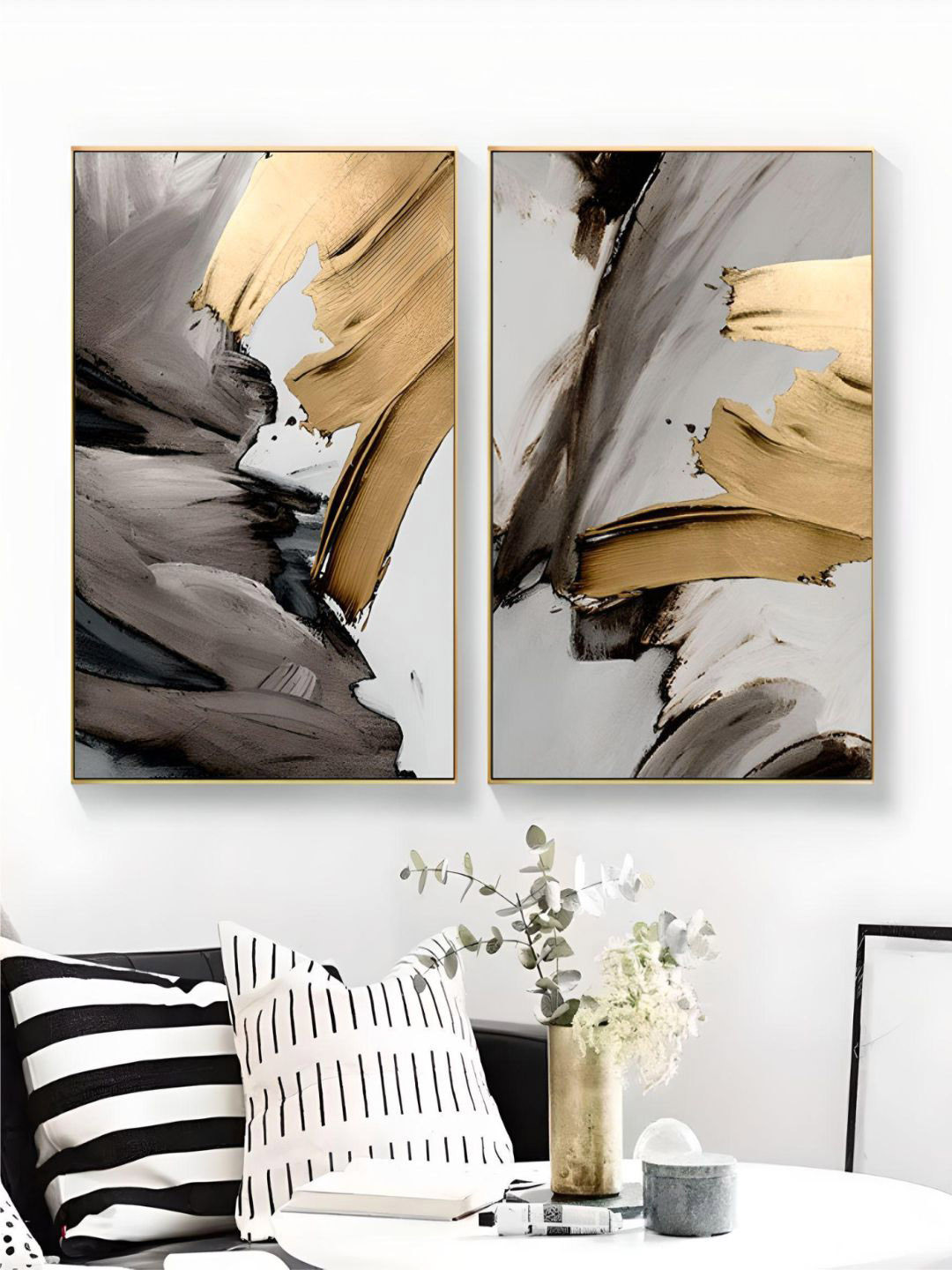 THE HANDMADE FLAIR 2 Pcs Grey & Golden Modern Abstract Daub Painting Wall Art