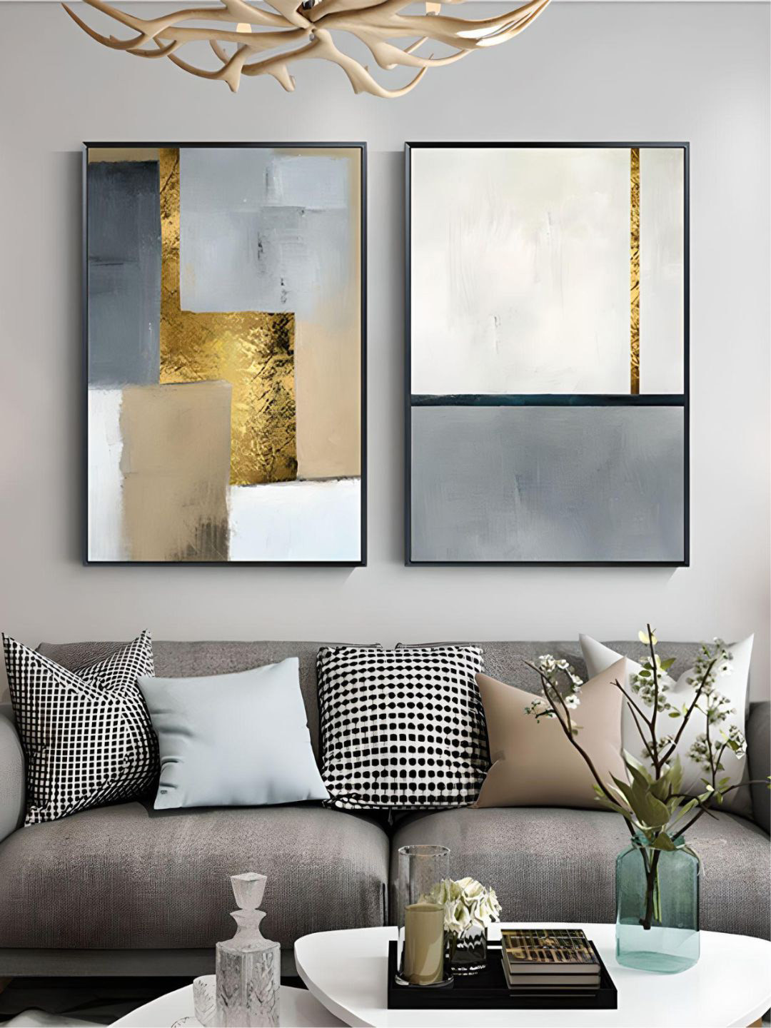 THE HANDMADE FLAIR 2 Pcs White & Brown Abstract Painting Wall Art