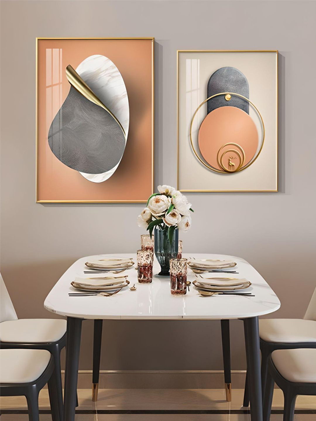 THE HANDMADE FLAIR Beige & Peach-Colored 2 Pieces Abstract Bohemian Wall Art