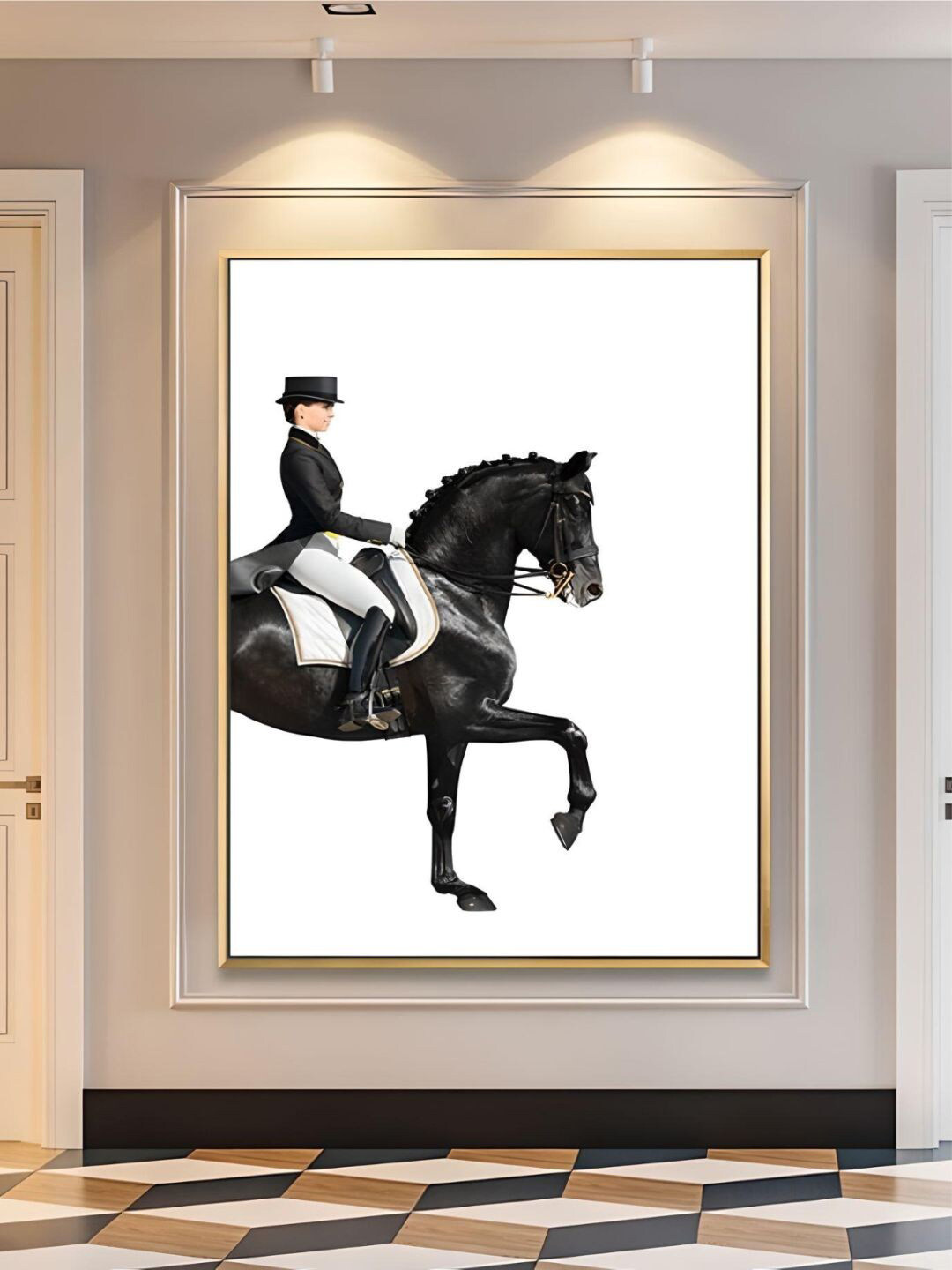 THE HANDMADE FLAIR Crystal Porcelain Black & White Elegant Equestrian Painting Wall Art