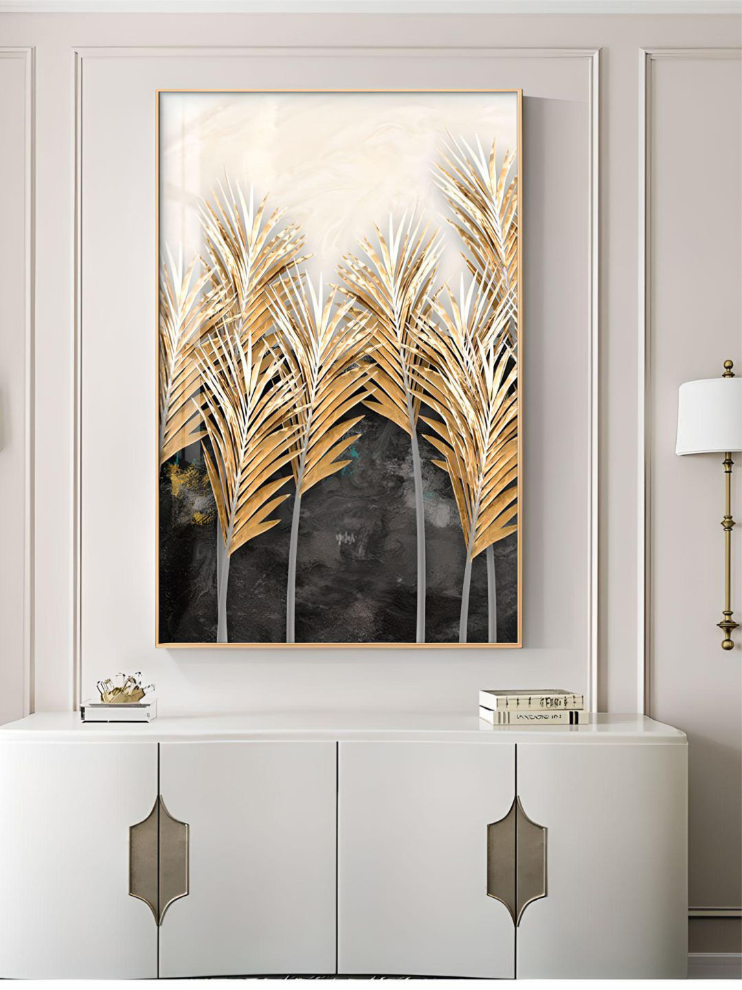 THE HANDMADE FLAIR Khaki-Coloured & Grey Golden Leaves Painting Wall Art