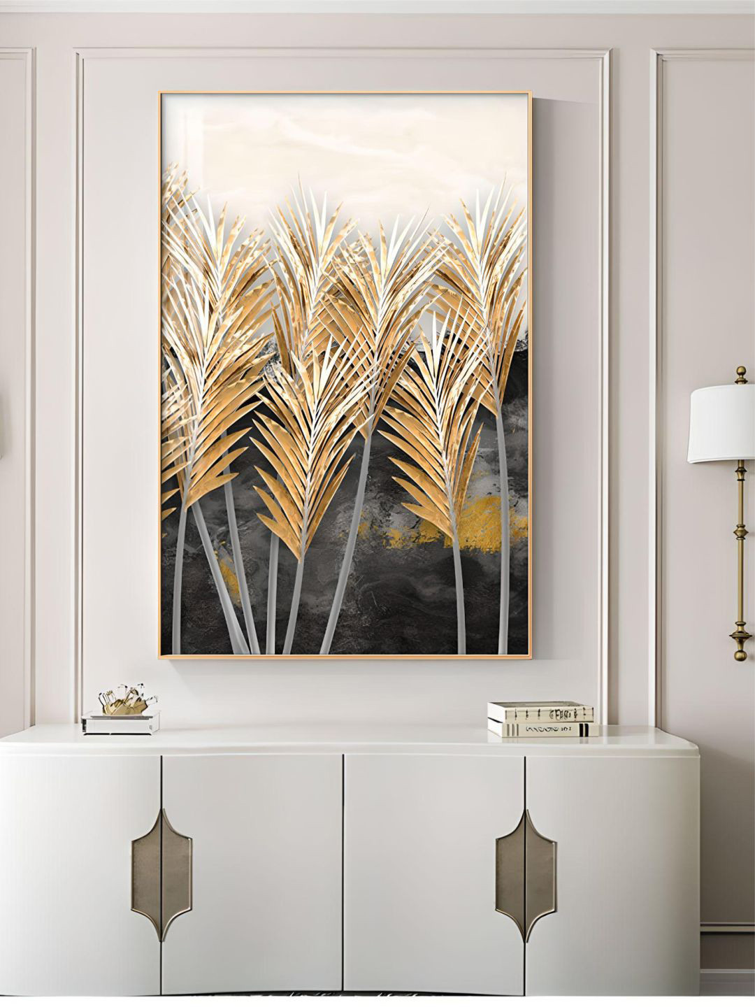 THE HANDMADE FLAIR Crystal Porcelain Olive & Grey Marble Golden Leaves Painted Wall Arts