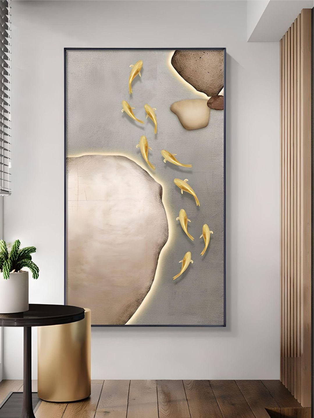 THE HANDMADE FLAIR Crystal Porcelain Beige & Grey Abstract Golden Fish Painting Wall Art