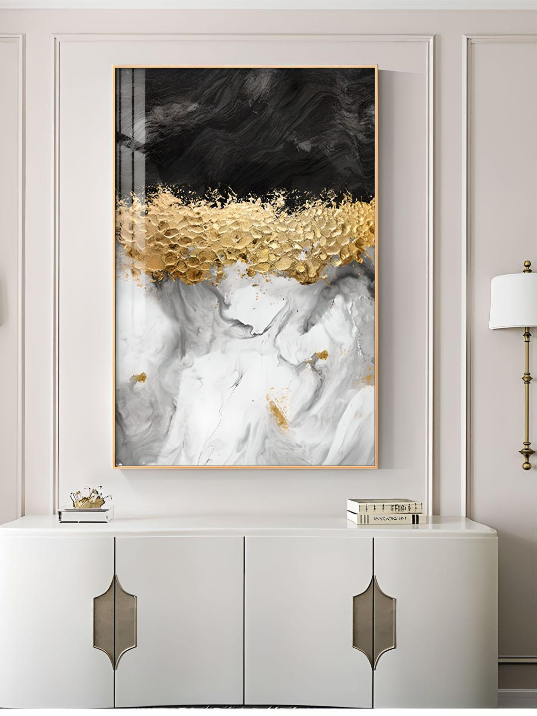 THE HANDMADE FLAIR Black & Grey Abstract Golden Leaves Painting Wall Art