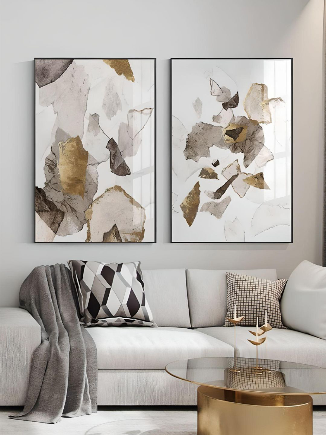THE HANDMADE FLAIR White & Brown 2-Pieces Modern Abstract Printed Framed Wall Art