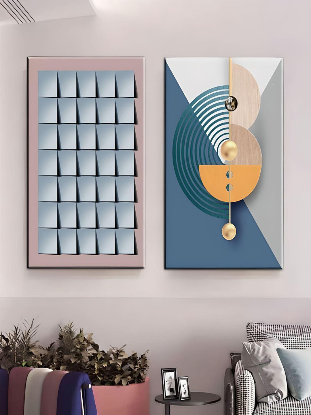 THE HANDMADE FLAIR 2 -Pcs Blue Geometric Framed Painting Wall Art