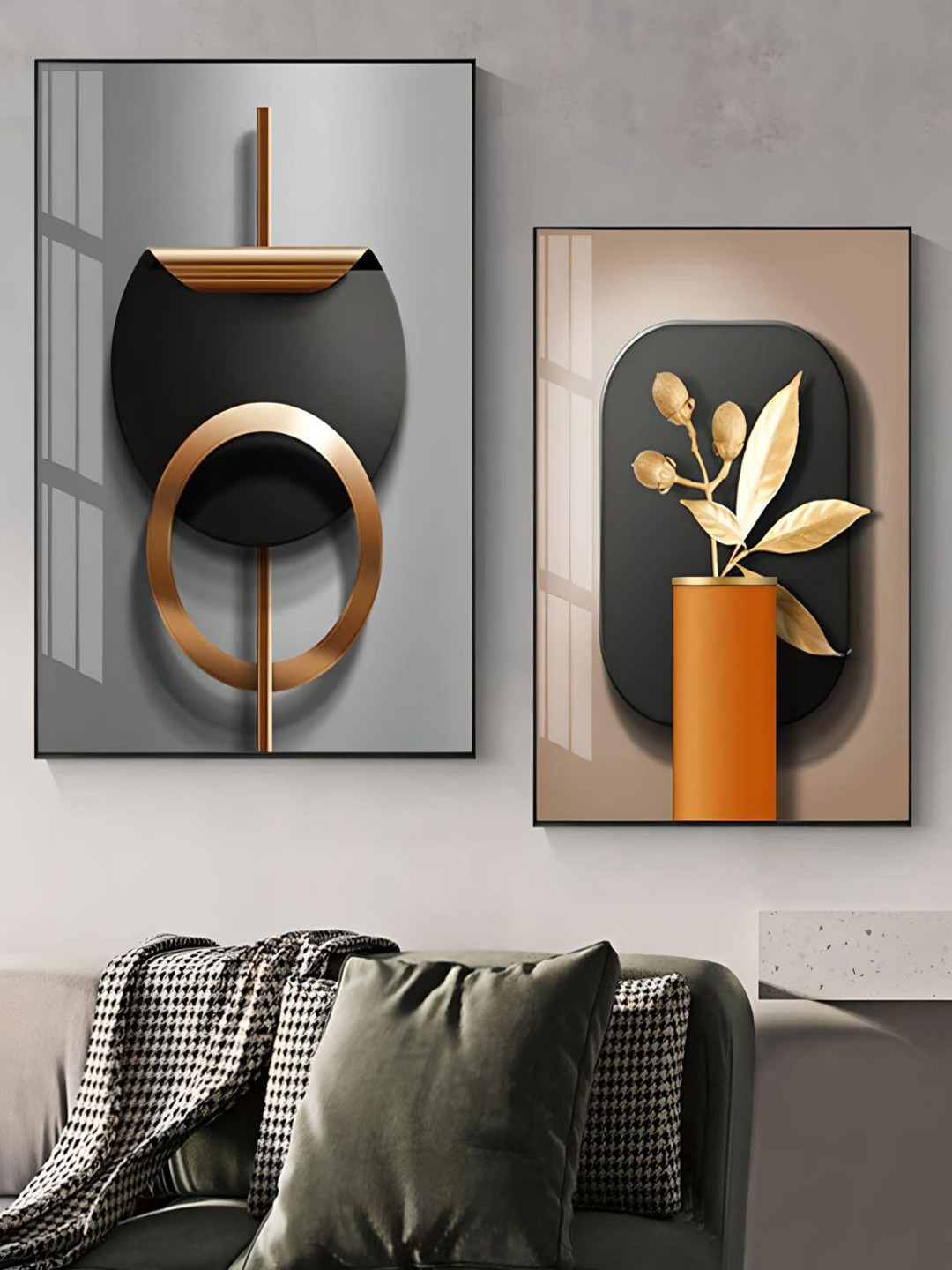 THE HANDMADE FLAIR Crystal Porcelain Grey & Black 2 Pieces Abstract Painting Wall Art