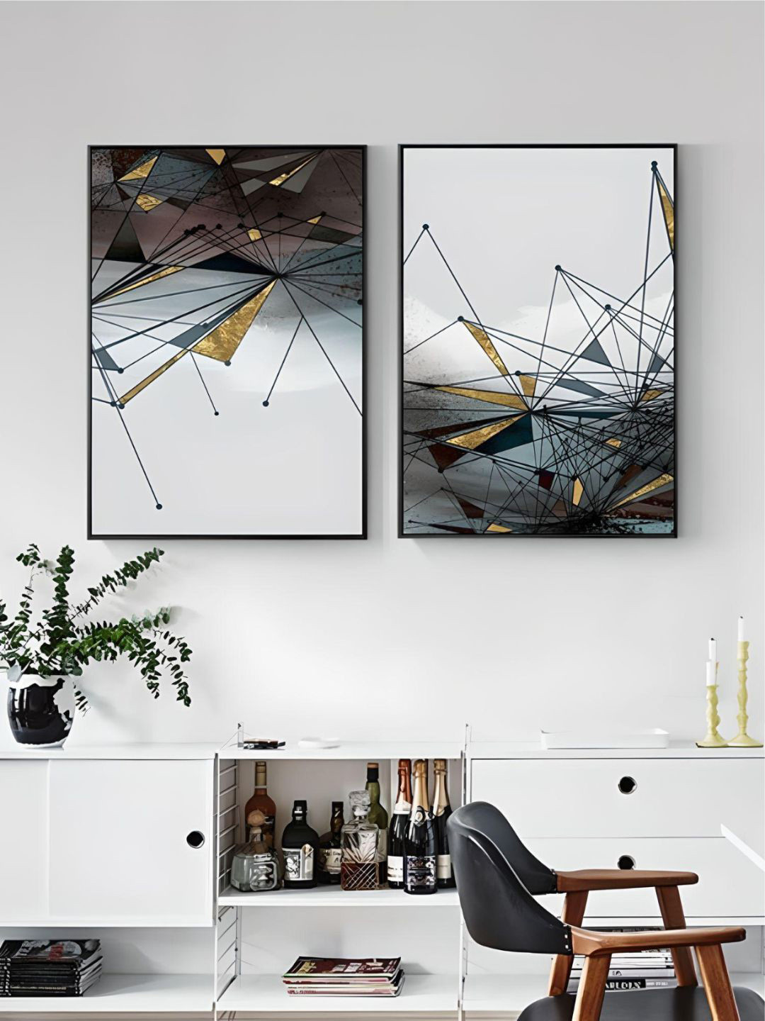 THE HANDMADE FLAIR Crystal Porcelain Grey & Black 2-Pieces Geometrical Painting Wall Art
