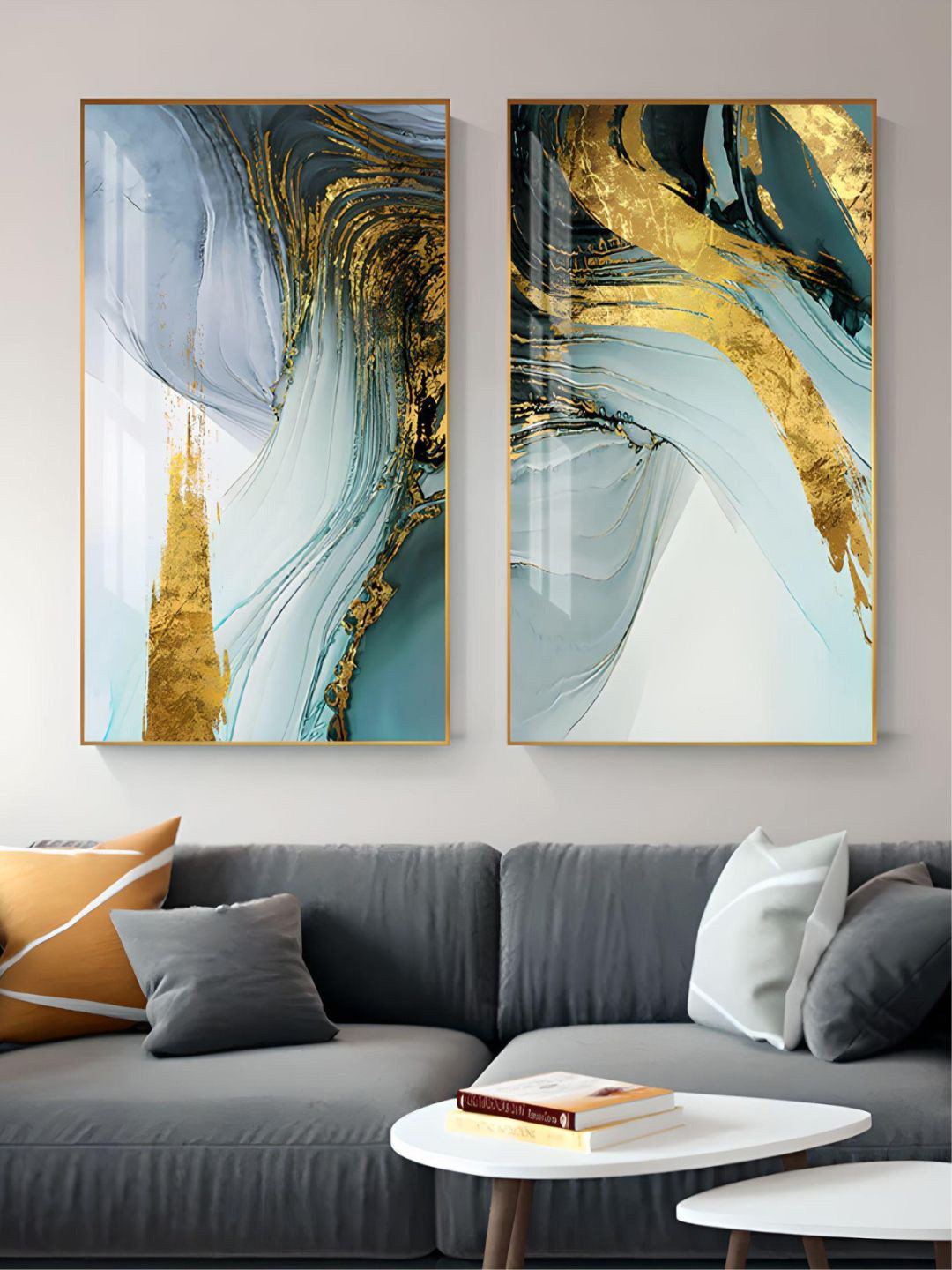 THE HANDMADE FLAIR 2-Pcs Blue & Golden Modern Luxury Abstract Painting Wall Art