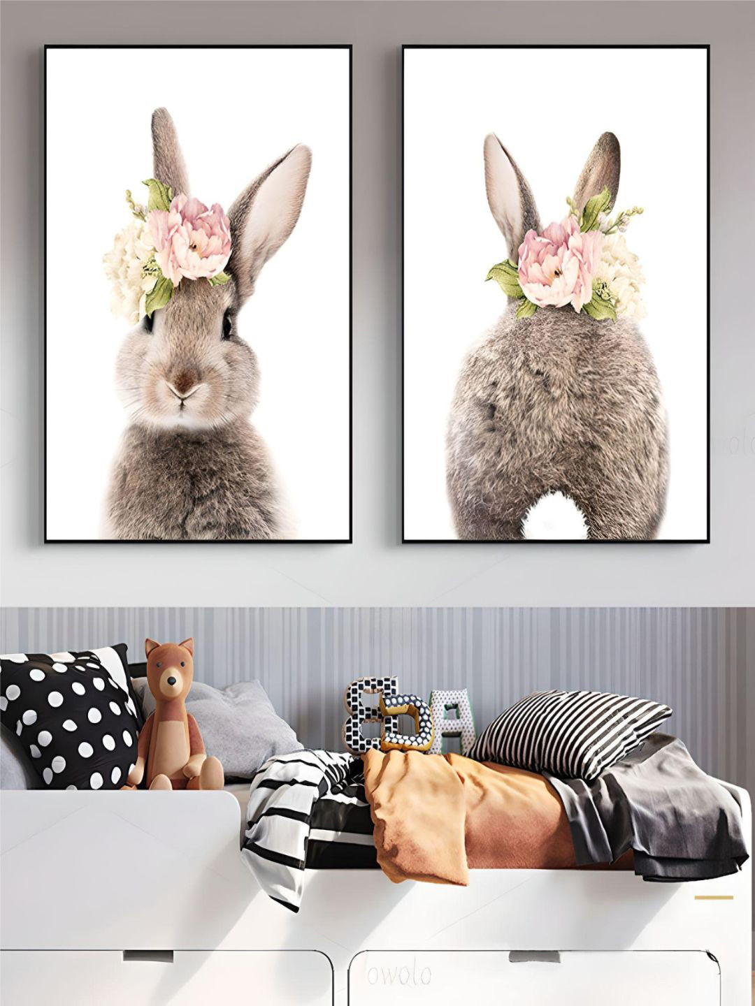 THE HANDMADE FLAIR White & Beige 2 Pieces Rabbit Painted Wall Arts